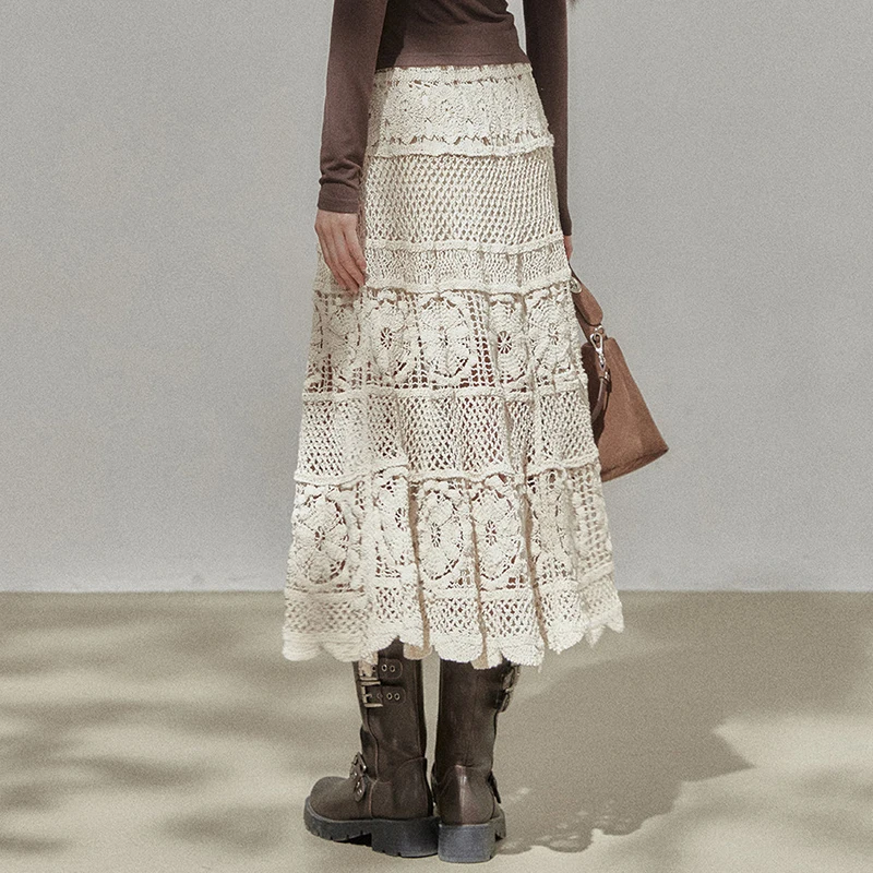 Crochet Midi Skirts Women Openwork Hollow Out Guipure Lace Long Skirt Summer Dress French Chic Retro Boho Hippie Festival Outfit