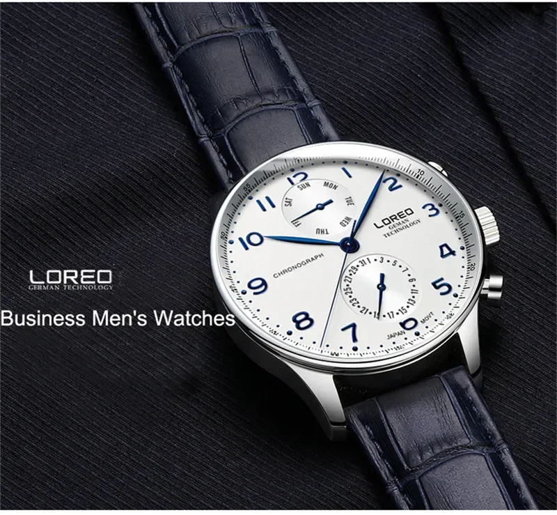 LOREO Pilot Blue Dial Business Men Classic Design Leather Watchband Waterproof Quartz Watch Watches Montre Homme Dropshipping