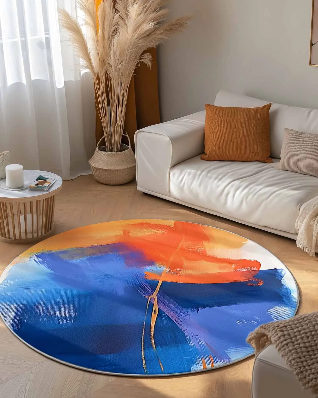 Modern Burnt Orange Round Rug – Soft Abstract Art Throw Carpet for Bedroom & Living Room