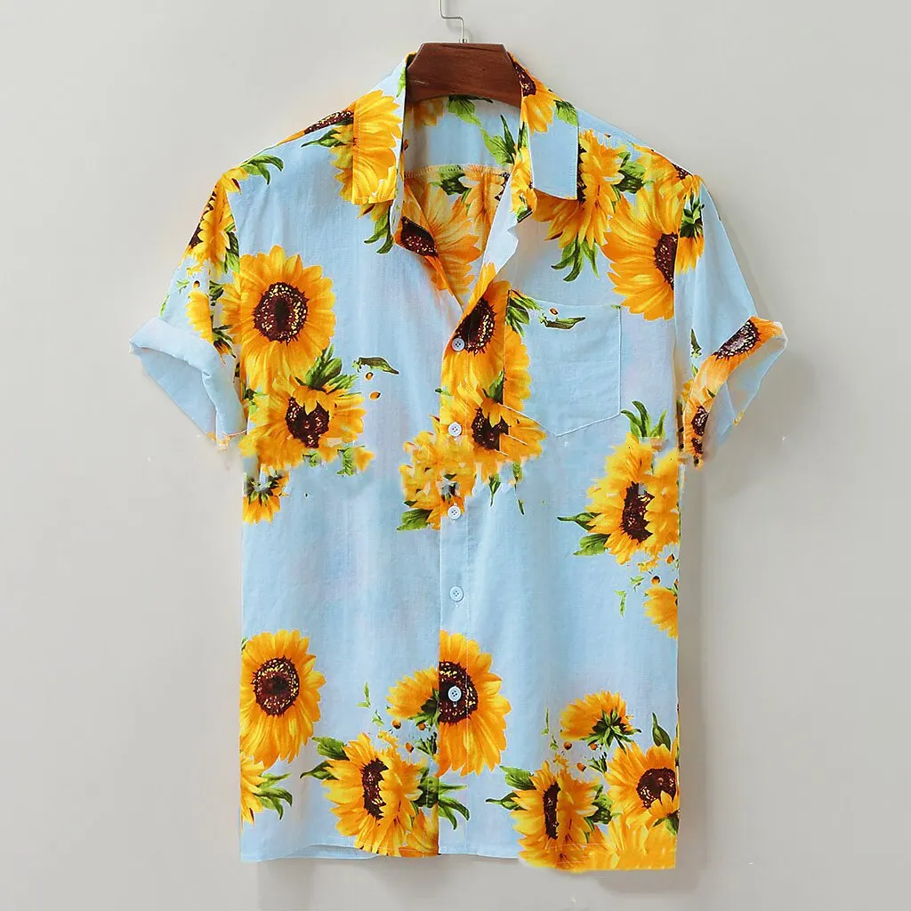 Men\'s shirt sunflower pattern light yellow party outdoor short sleeved button clothing street chic design casual