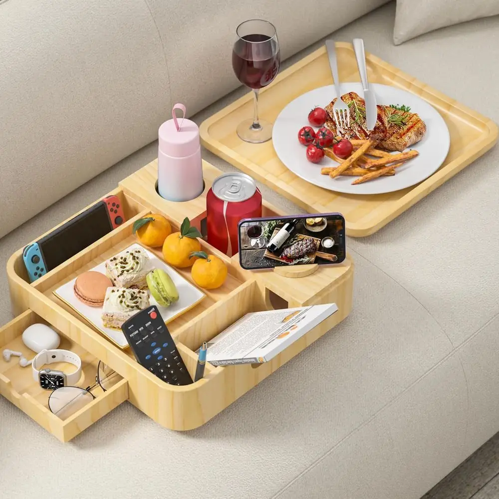 

Large Capacity Wooden Serving Tray with Cup Holders for Bed, Car, and Outdoor Use