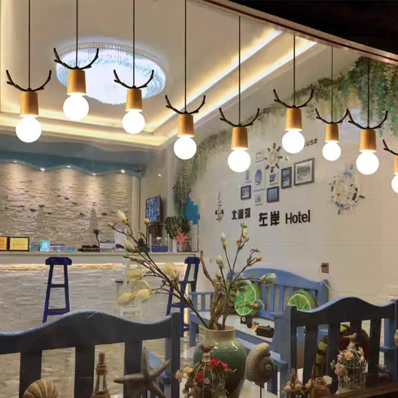 Metal Antler Pendant Light Deer Head Wood Suspension Lamp Cafe Bar Bakery Kitchen Canteen Art Deco Hanging Ceiling Chandelier