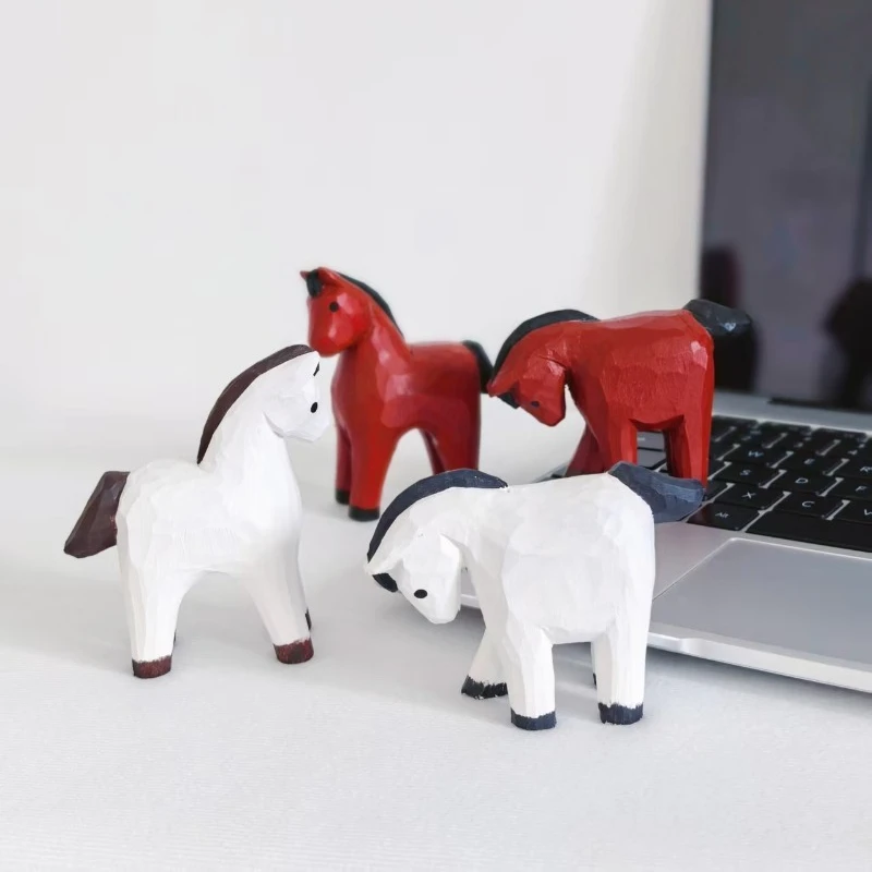 Year of The Horse Zodiac Hand Carved Wooden Decorations Equine Desk Ornament DIY Bonsai Office Accent Miniatures Animal Artifact