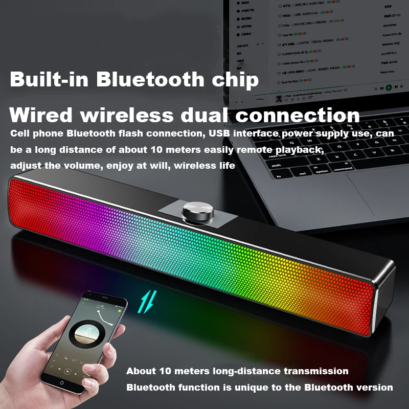 

USB Bluetooth-compatible Powerful Computer Speaker Bar Subwoofer Bass Speaker Surround Sound Box LED For PC Laptop Phone Tablet