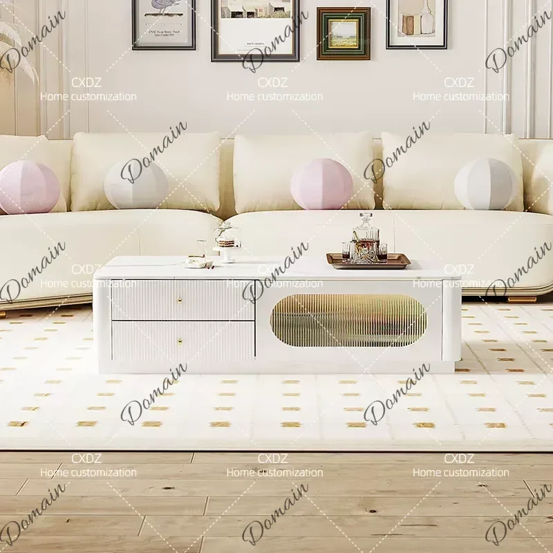 Cream Style Living Room Coffee Table Solid Wood Rectangular Tea Table Modern Simple Household Drawer Storage Table