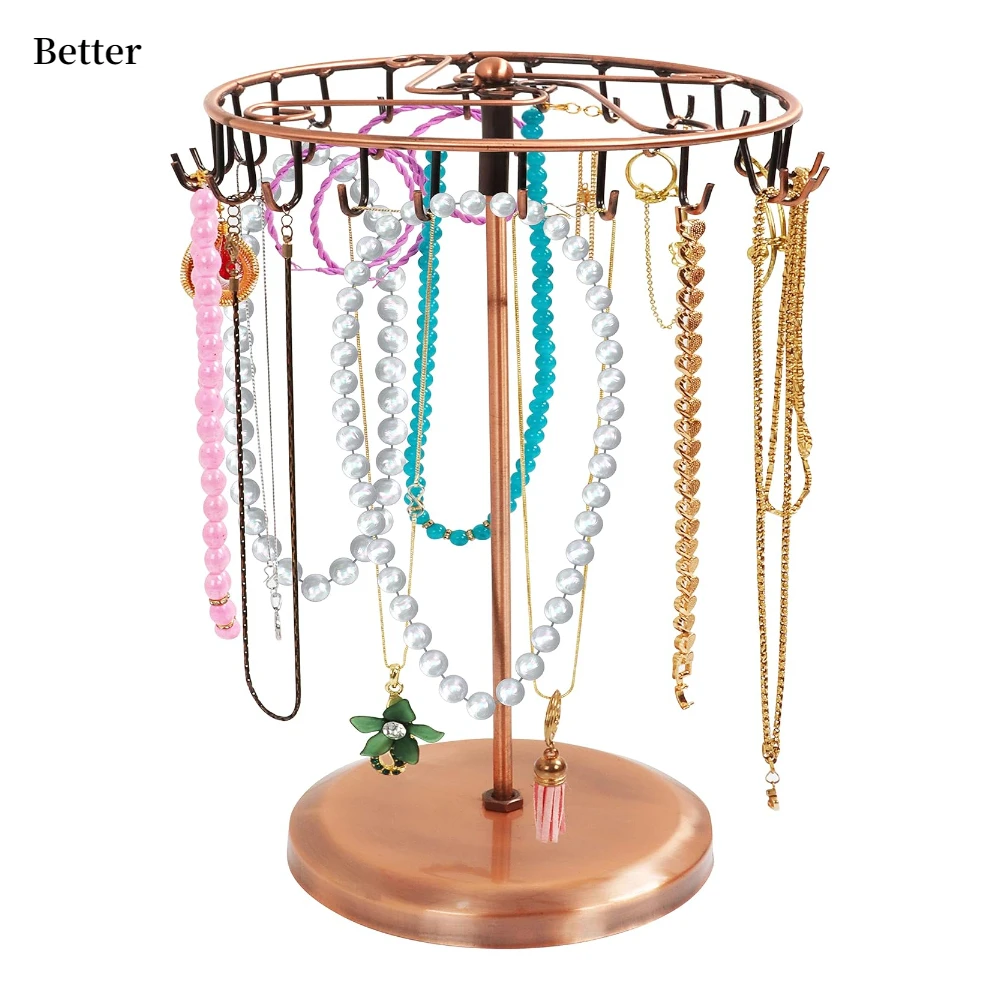 Copper Metal Rotating Jewelery Holder Display Stand (23 Hooks) - Hanging Organiser Tower Rack - Storage for Necklaces & Bracele