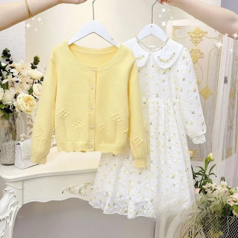 

Girls' Dress Set New Children's Fashion Sweater Cardigan Princess Style Mid-Length Princess Dress Trendy