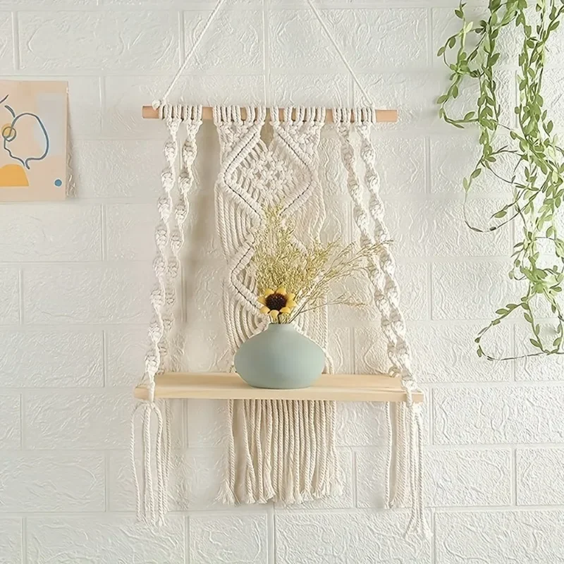 

Display Indoor Garden Plant Shelving Veranda Flowers Wooden Handcrafted Macrame Wall Shelves Floating Etageres Murale Furniture