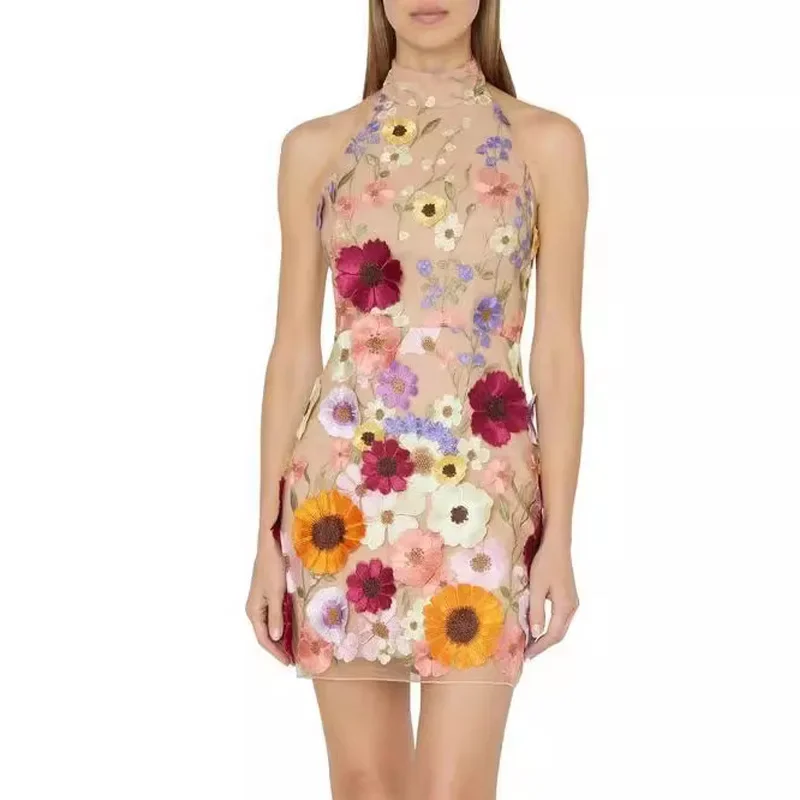 Women Party Mini Dress Sexy Fashion Embroidery Three-dimensional Floral Halterneck Backless High Street Avant-garde