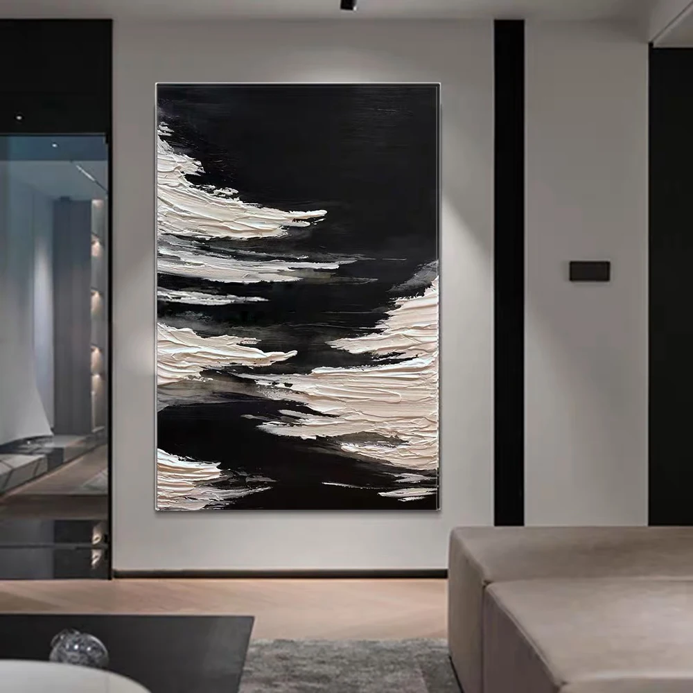 

3D Modern Minimalist Wall Art, Living Room Decorative Painting, Abstract Black and White, Night Sky Oil Painting, Hand-Painted