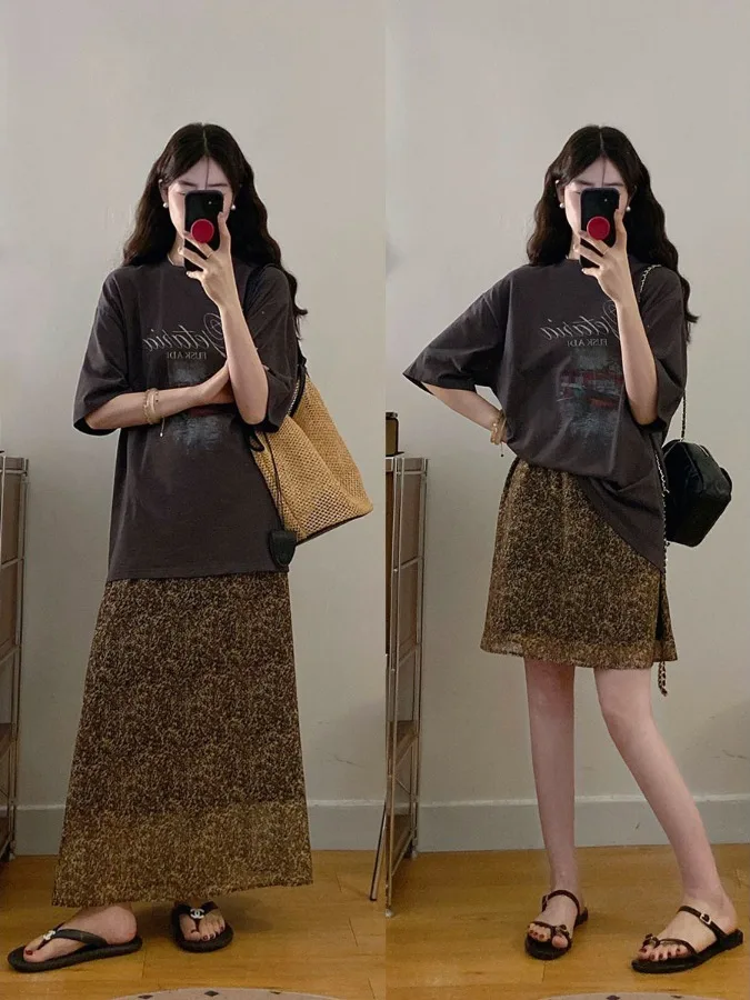 

Женский комплект больших размеров: футболка с мультяшным принтом и юбка с высокой талией, летний модный наряд