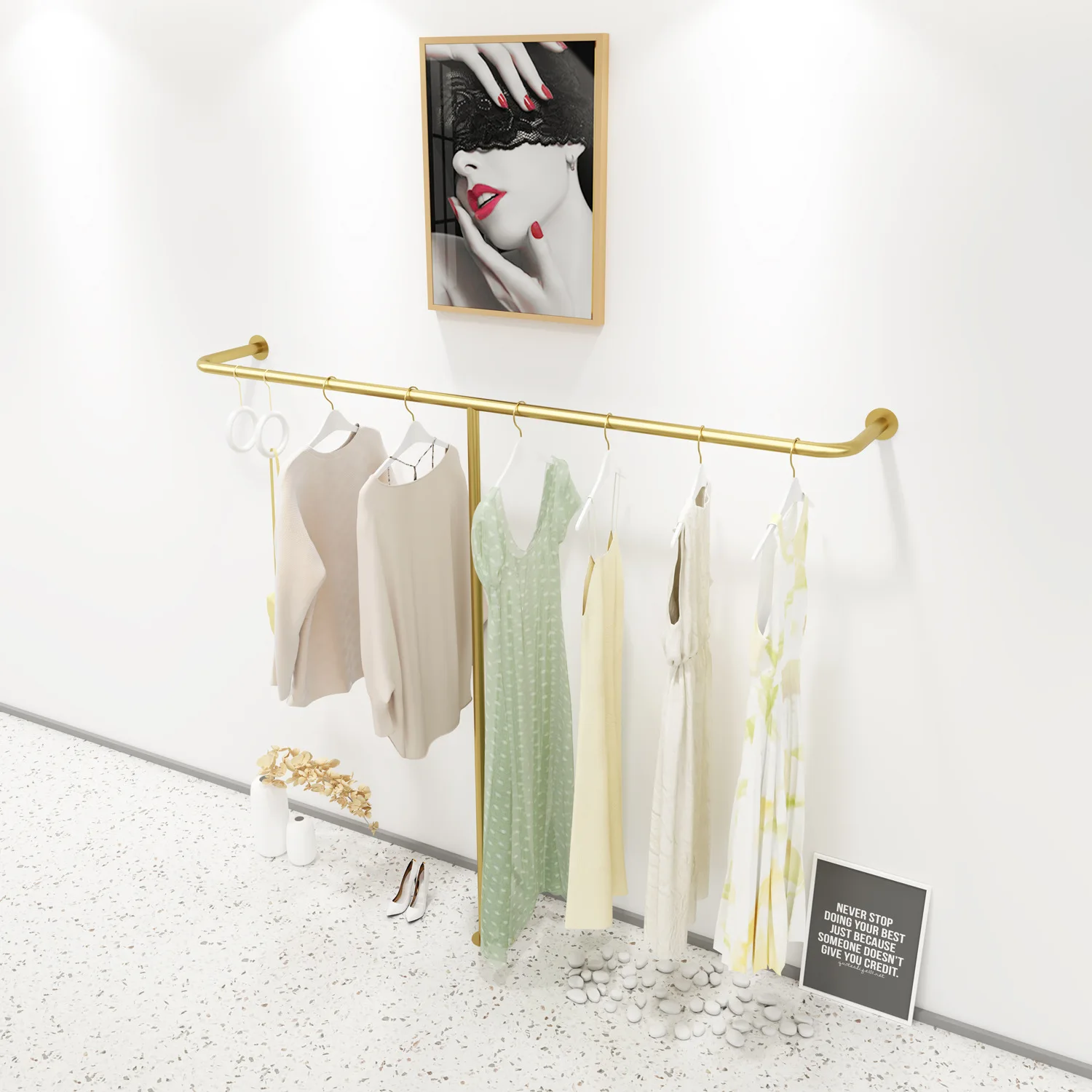 

Верхняя настенная боковая подвесная витрина для магазина одежды Настенная витрина Золотая подвесная вешалка