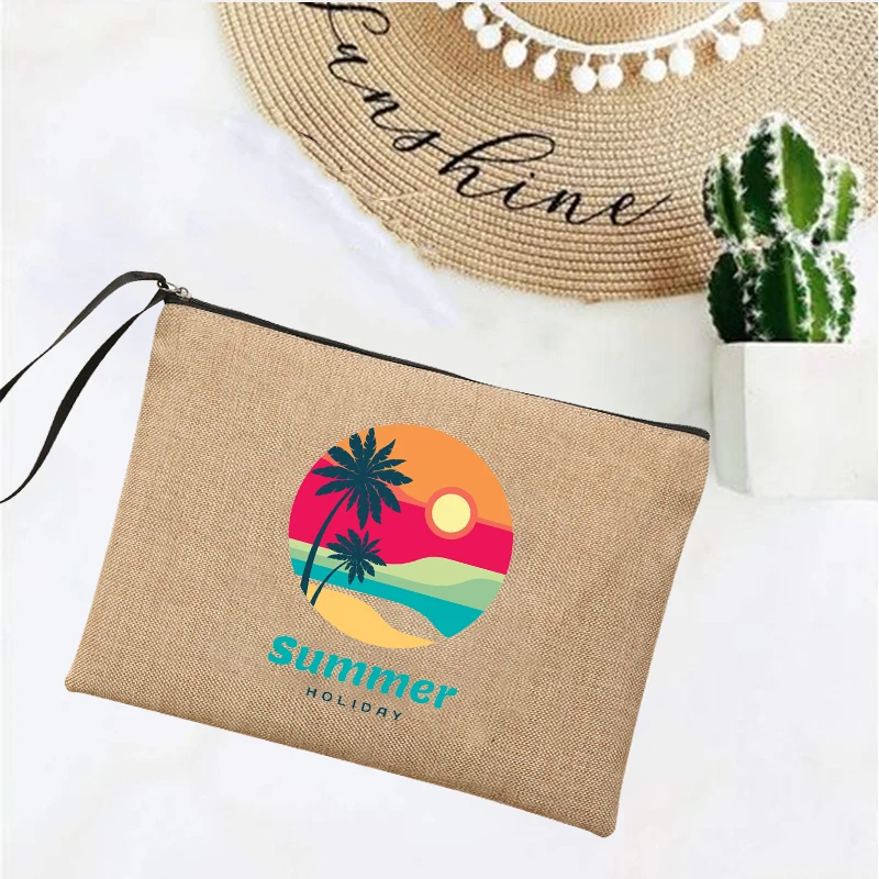 Hello Summer Linen Clutch Bag Women\'s Makeup Bags Beach Holiday Sunglasses Sunscreen Storage Pouches Travel Wash Organizer Gifts