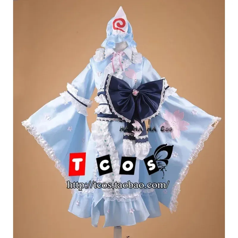 Touhou Project Saigyouji Yuyuko Anime Costume Cosplay Halloween Party Costume Cosplay Set completo Uomini e donne Parrucca Ventole Calzino Puntelli