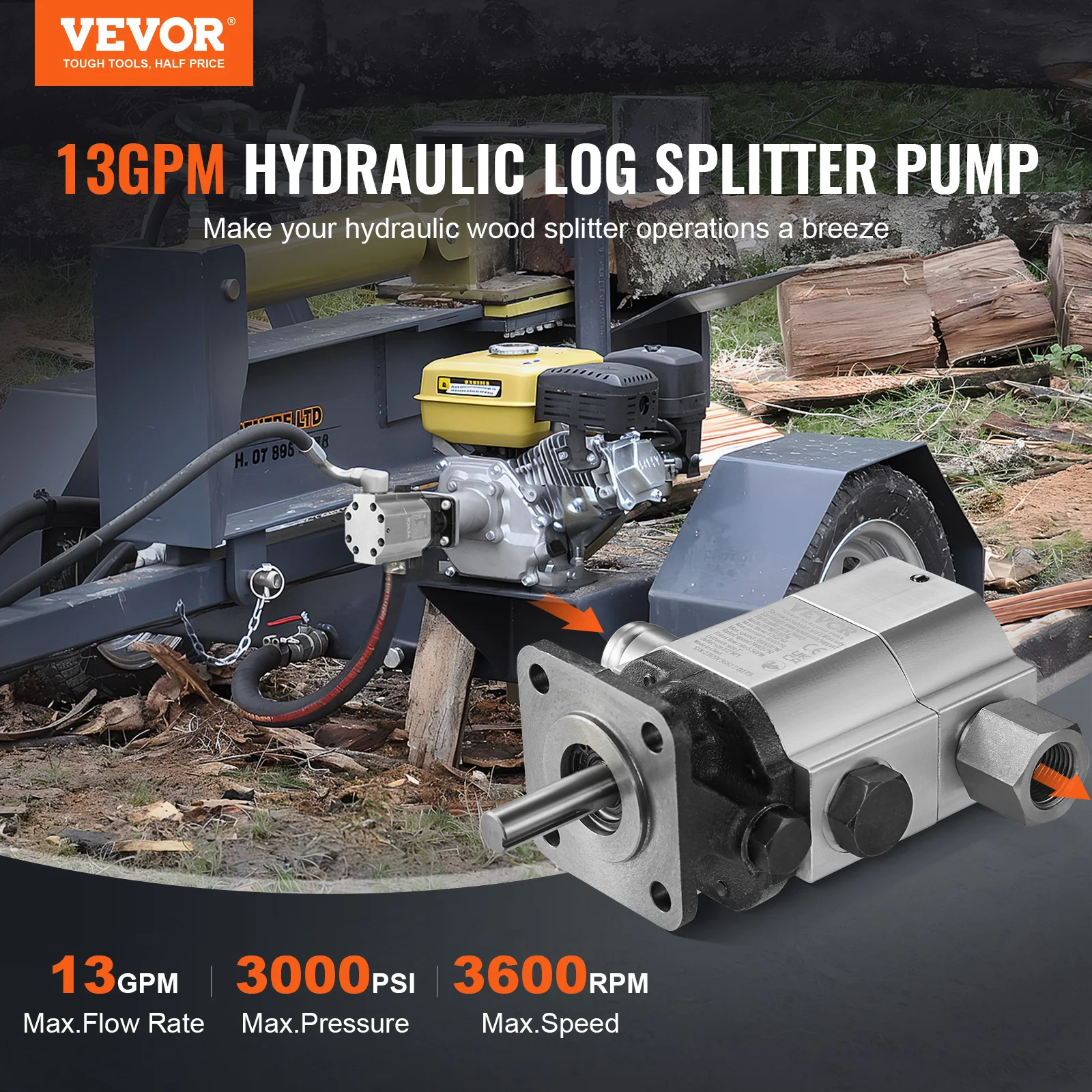 VEVOR 13GPM 2 Stage 3000PSI Wood Log Splitter Pump 1'' Inlet 1/2'' NPT Outlet 3600 RPM for Small Engine Mounting Log Splitters