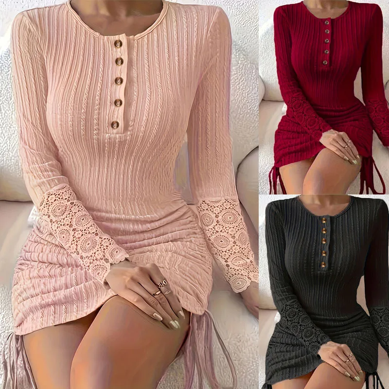 

Spring New Bodycon Dress Women O-neck Button Half Placket Long Sleeve Dresses Lace Stitching Side Drawstring Ribbed Mini Dress