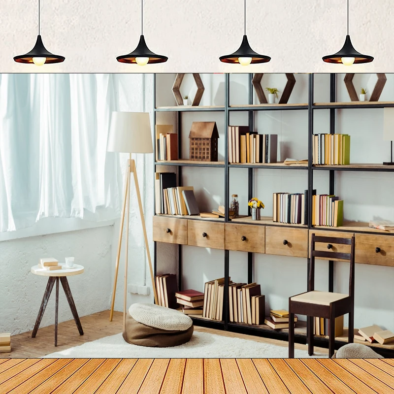 Home Office Zoom Background - Bookshelf Photography Backdrop Interior Wooden Bookcase