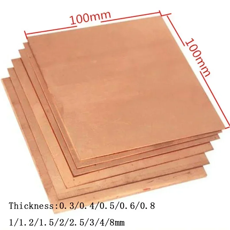 1PCS 99.9% Purity Copper Metal Sheet 100x100mm Thick 1-8mm  2/3/4/6mm Plate Nice Mechanical Behavior and Thermal Stability