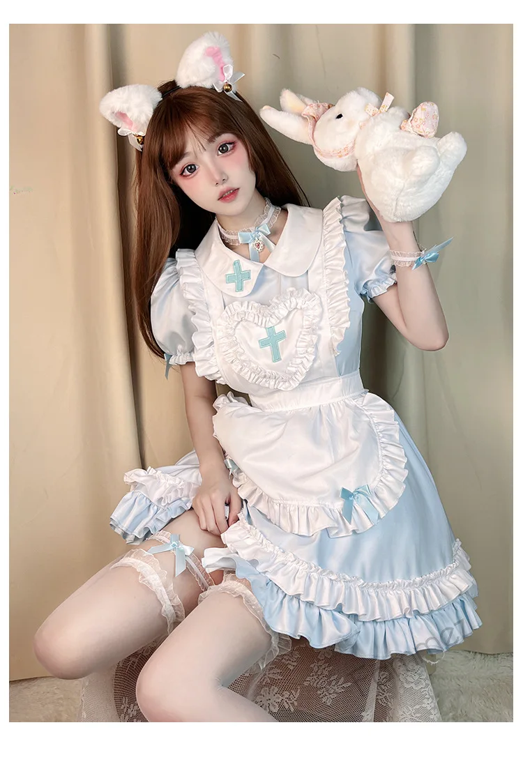 IOOTIANY Gothic Lolita Cosplay, japanisches Anime-Kostüm, cremefarbenes, herzförmiges, rosafarbenes Lolita-Kleid, Kostüm im Stil einer Dienstmädchenuniform, kurzärmelige Krankenschwesteruniform. – Detail 7