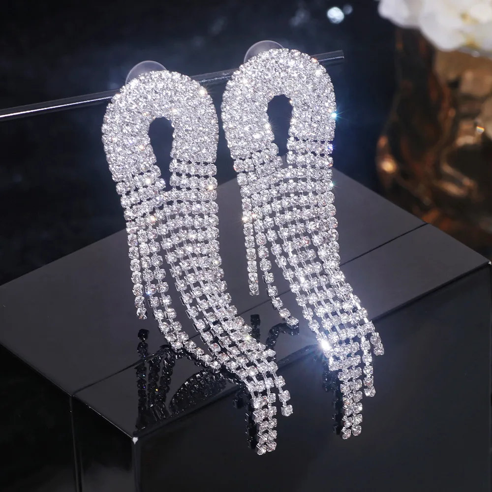 New Classic Shiny Rhinestone Earrings for Women Geometric Long Tassel Crystal Dangle Earrings Female Fashion Jewelry Accessories