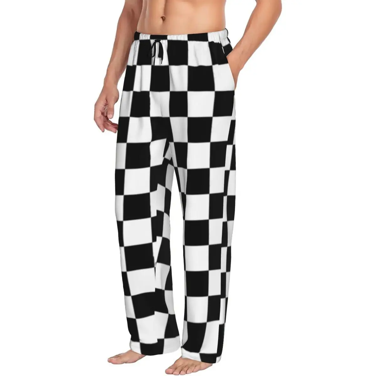 Custom Black And White Checkered Men Pajama Pants Lounge Sleep Sleepwear Bottoms with Pockets