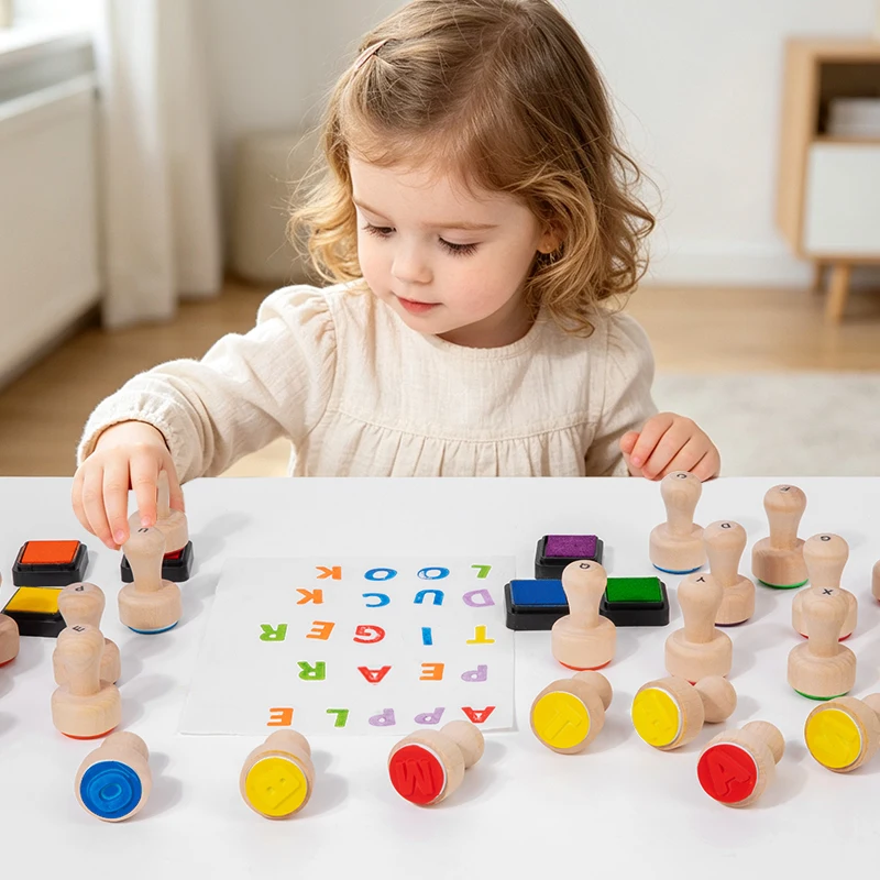 26 Pieces Wooden Alphabet Stamps for Kids Gift Word Spelling Uppercase Letter Learning Toy Educational Toy Wood Letter Stamp Set - view 2