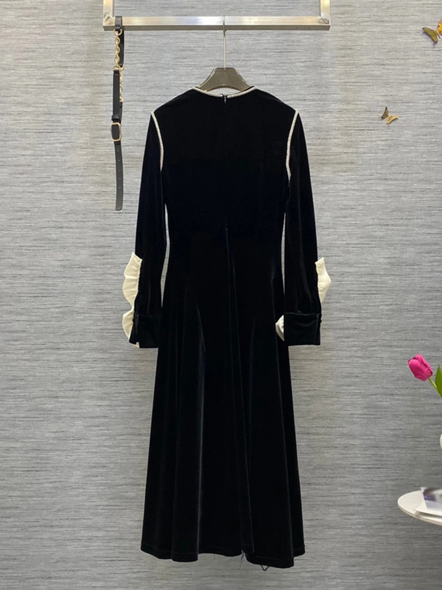 VGH Black Velvet Dresses For Women O Neck Diamond Decoration Petal Sleeve High Waist Spliced Zipper Elegant Pleated Dress Female