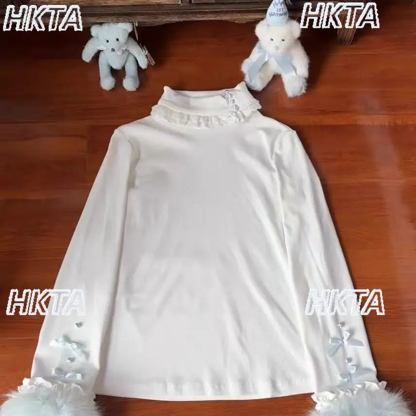 Słodka koronkowa bluzka z golfem, długim rękawem, jesienne nowości, dzianinowa koszulka, sweter, sweter Lolita, uniwersalny biały pulower, top, odzież wewnętrzna damska