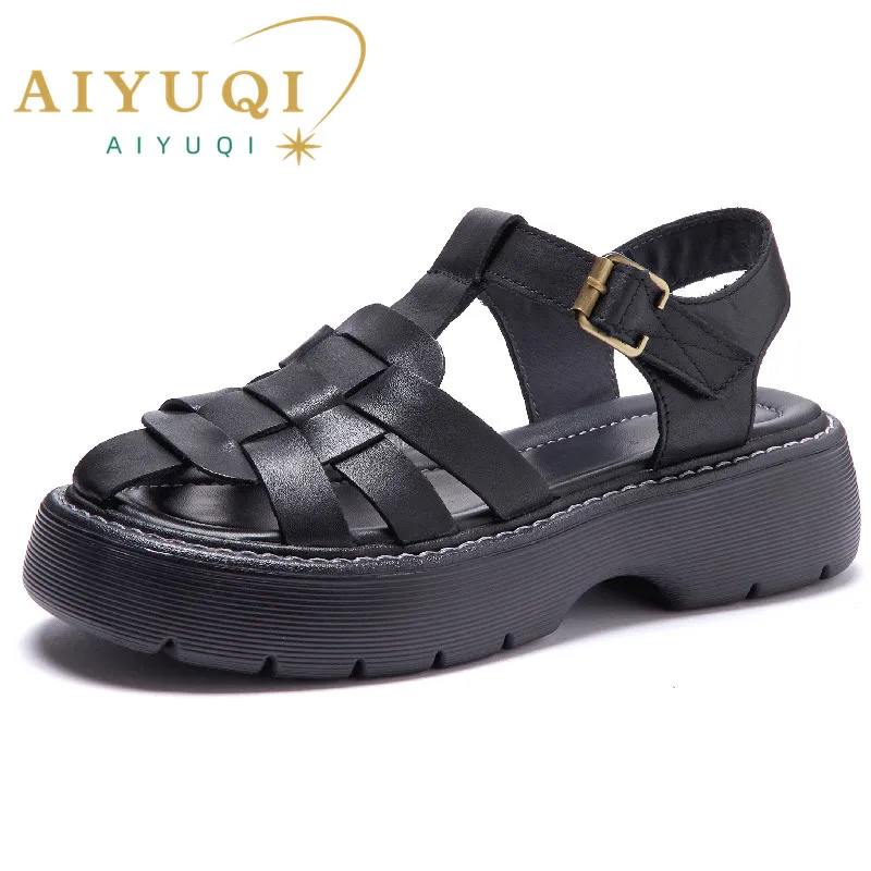 AIYUQI Sandals Women Summer 2024 New Genuine Leather Baotou Roman Sandals Ladies Retro Hollow Woven Women Sandals