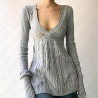 Y2K Harajuku Aesthetic Emo Girl Fall Winter Casual Knitted Sweater Sexy Slim Chic V-Neck Solid Color Pullover Vintage Streetwear