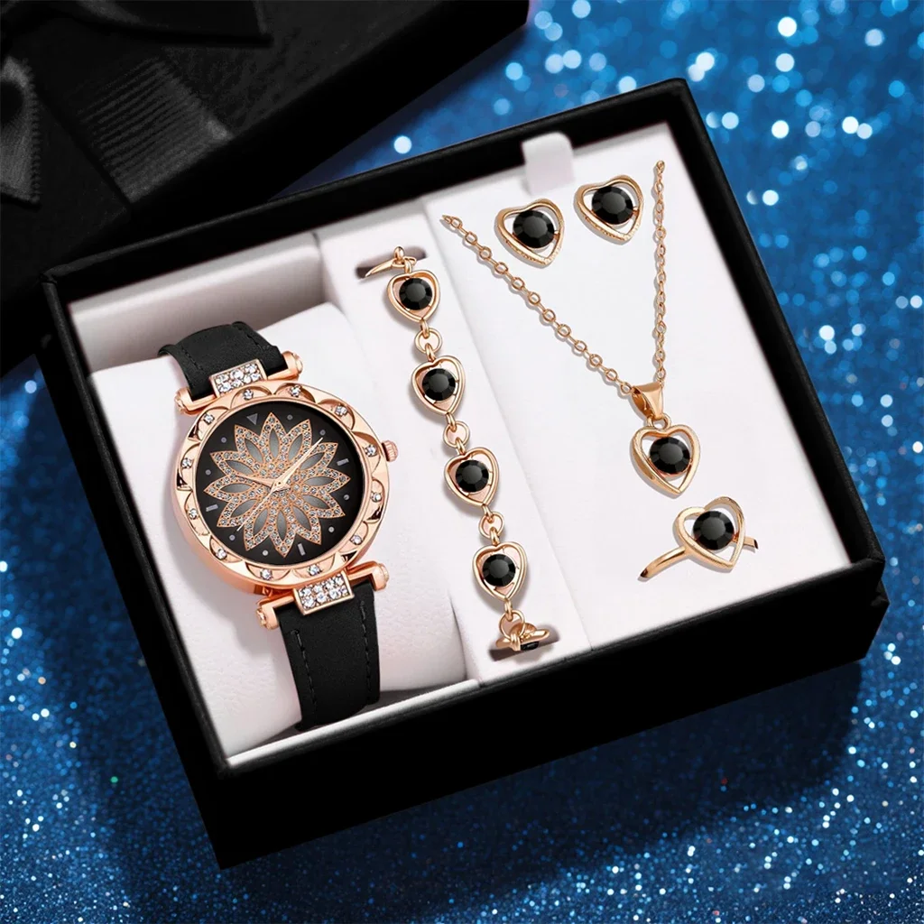 Fashionable Ladies' Watch PU Leather Strap Quartz Watch with Necklace Accessories Set
