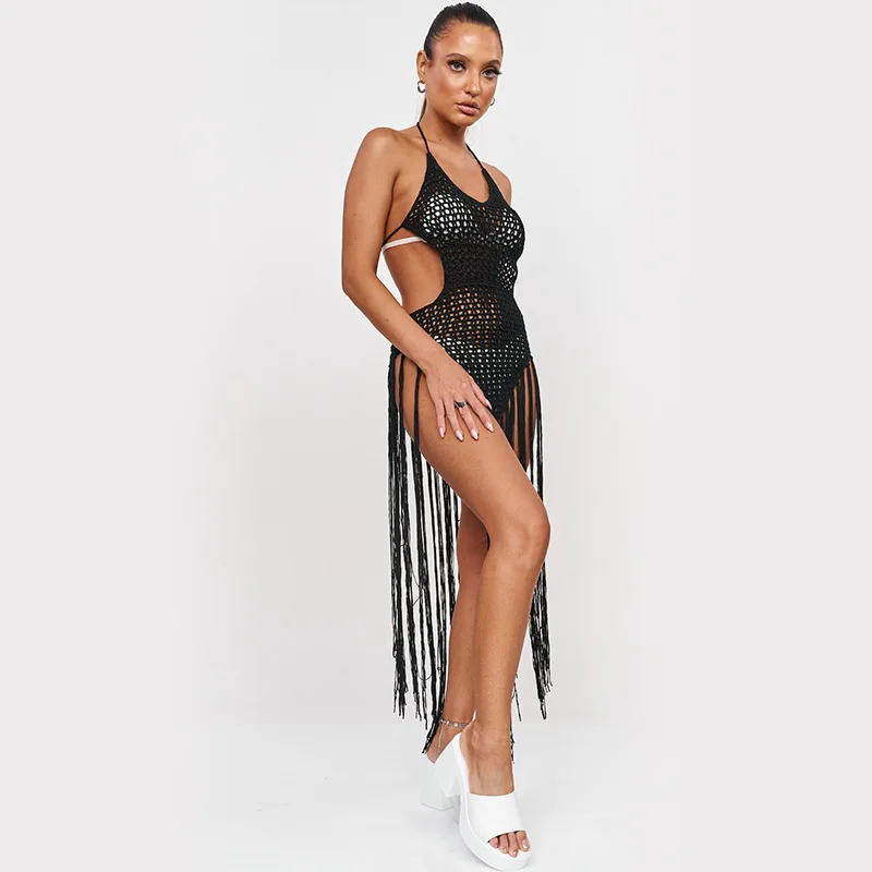 Sexy gancho de mano una pieza falda con borlas espalda abierta playa Bikini cubrir ropa de protección solar