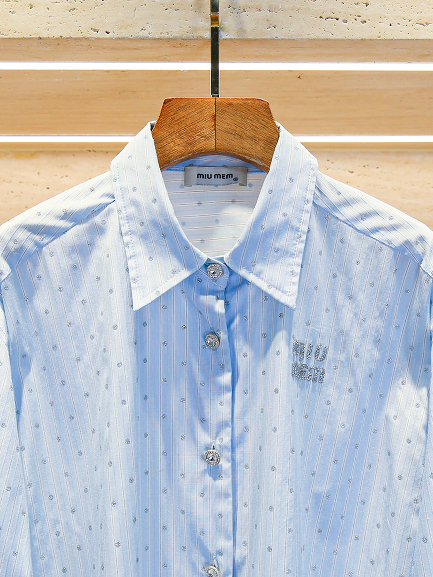 Csa azul adornada com strass, e, estilo doce e rico, moda premium fena, coleção de outono, corte reto, manga co...