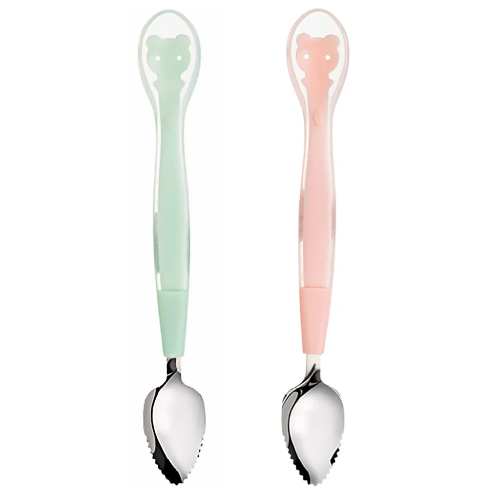 2 ชิ้นช้อนอาหารเสริมผลไม้ Puree Scoop Feeding สําหรับเด็กทารกซิลิโคนสแตนเลสเด็ก