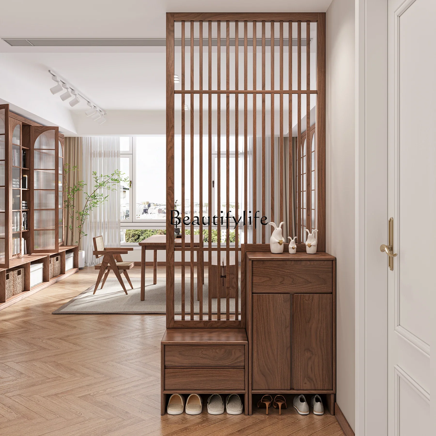 

FG44Black walnut shoe cabinet, screen shoe changing stool, integrated partition, all solid wood retro wind cabinet