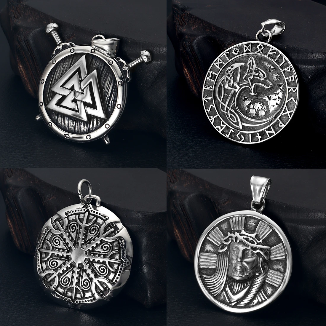 316L Stainless Steel Norse Viking Rune Wolf Pendant Round Shape for Men Necklace DIY Accessories Finding Jewelry Making Charm