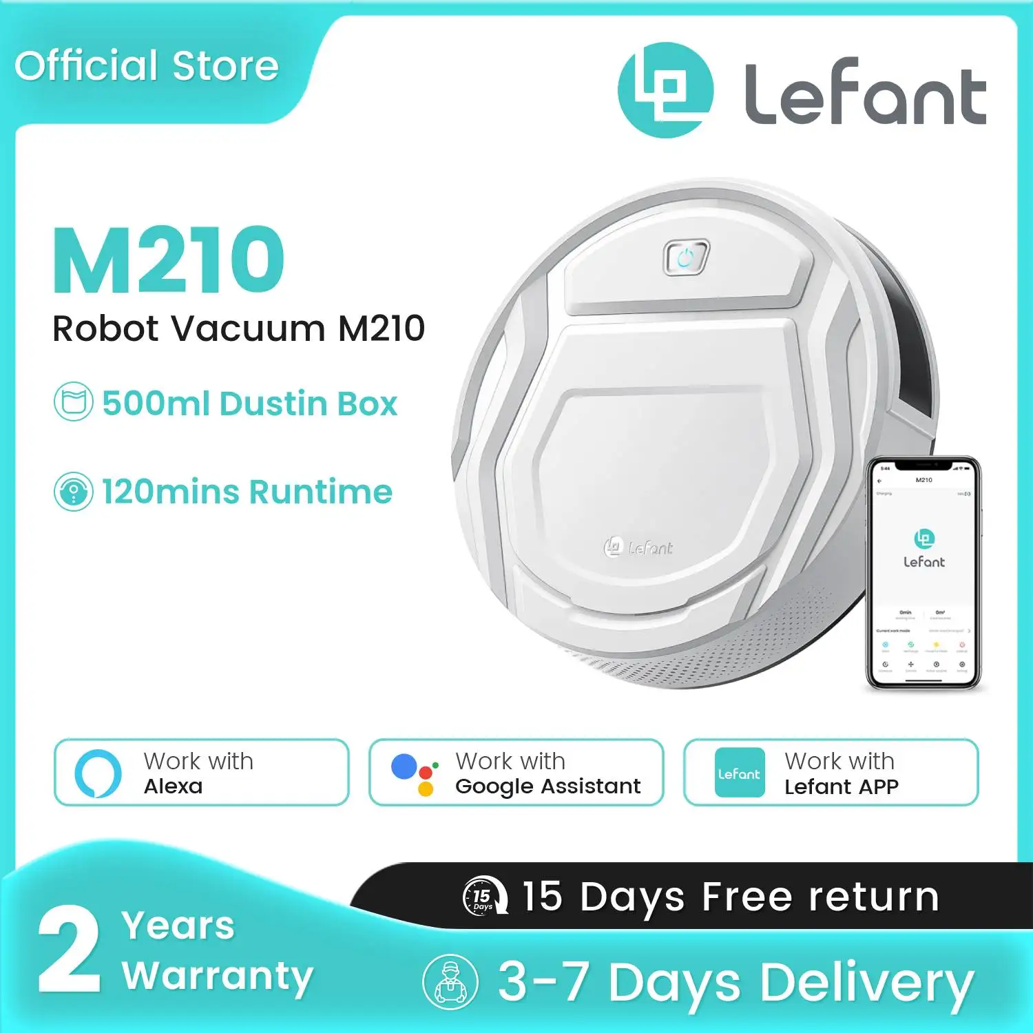 

Робот-пылесос Lefant M210, супертонкий, с управлением через приложение, сильное всасывание, самозарядка для шерсти домашних животных, твердые полы, низкие ковры