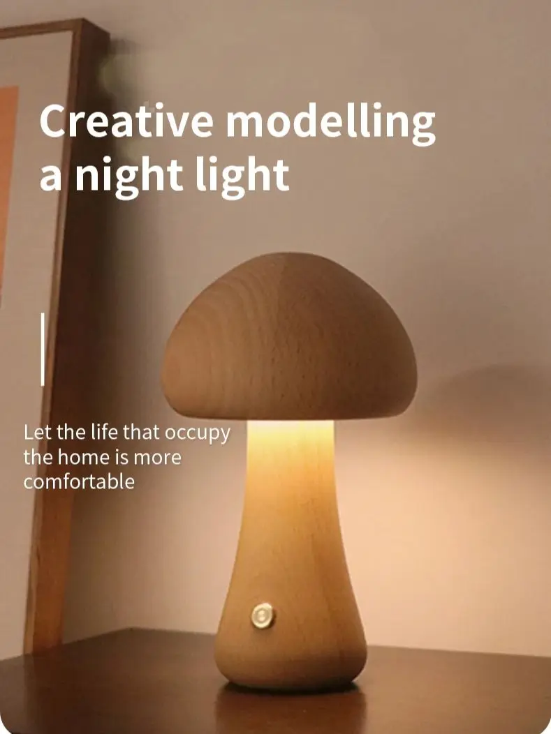 Drewniane grzyby lampka nocna przełącznik dotykowy lampka nocna do sypialni lampa stołowa orzech drewno bukowe ciepłe, ściemnialne światło na biurko USB ładowane — zdjęcie 2