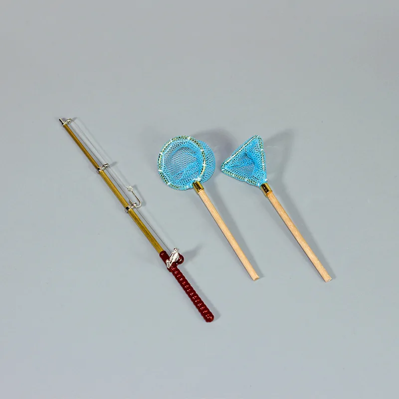 1set Dollhouse Mini Fishing Rod Fishing Net Combination Pack Model Playhouse Doll House Fish Play Set Decor Ornament Accessory