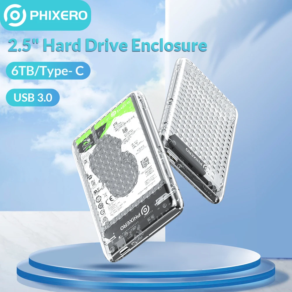 

PHIXERO Transparent HDD Case USB 3.0 Type C For PC Laptop SSD External Hard Disk Drive HDD Box/Enclosure 2.5 HD SATA USB 6Gbps