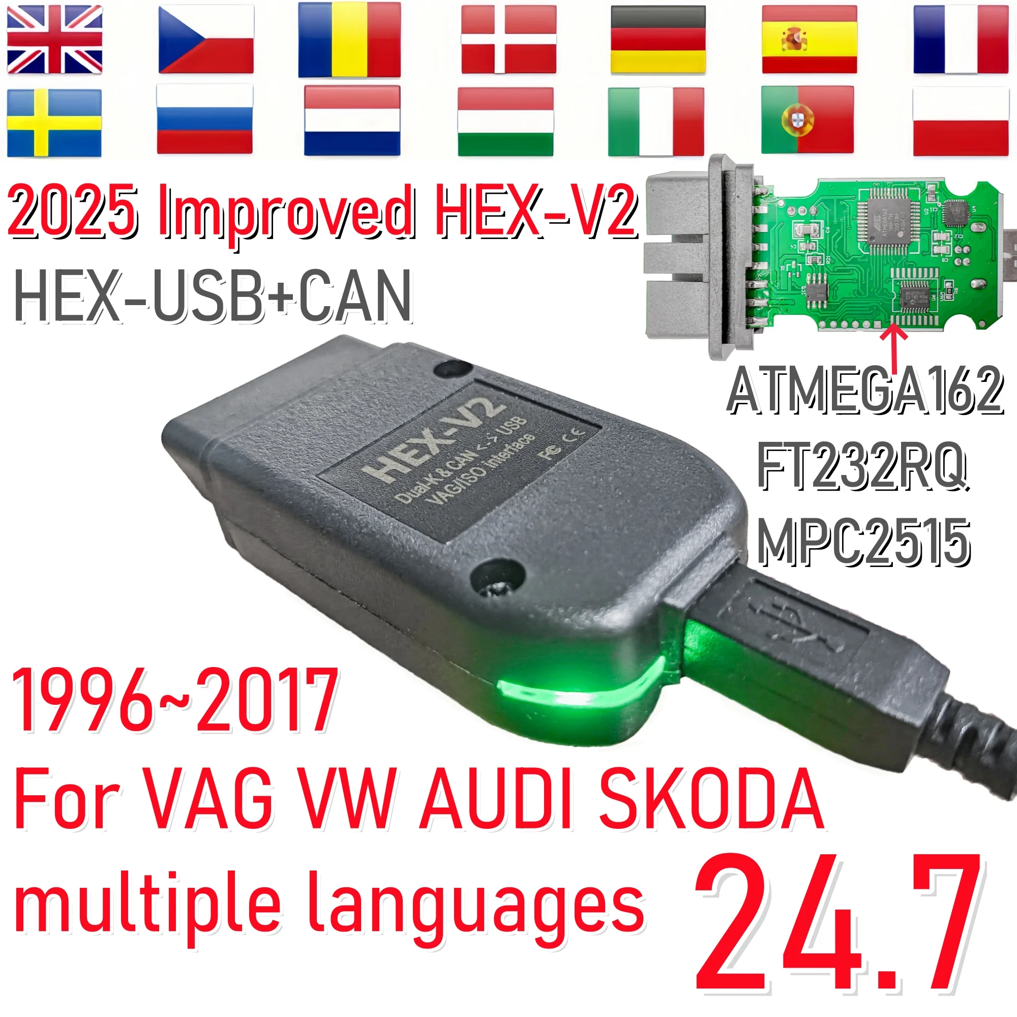 

2025 Новый улучшенный диагностический инструмент для сканера HEX V2 VCDS VAGCOM OBD2 Интерфейс VCDSCAN 24,7 для VW Audi Skoda Seat VAG COM HEX-V2