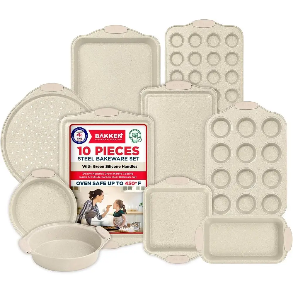 

10-Piece Heavy-Duty Nonstick Bakeware Set with White Silicone Handles, White Marble Finish, Oven-Safe to 450°F, Free of PFOA/PFO