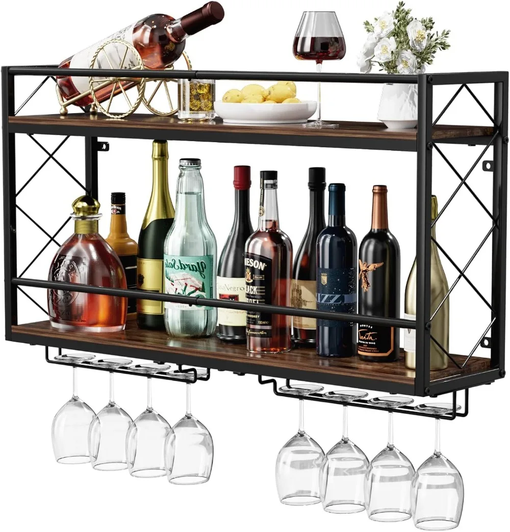 

2-Tier Wall-Mounted Wine Rack with Glass Holder, Anti-Drop Crossbar, Black Metal Wood Design for Home Kitchen Bar
