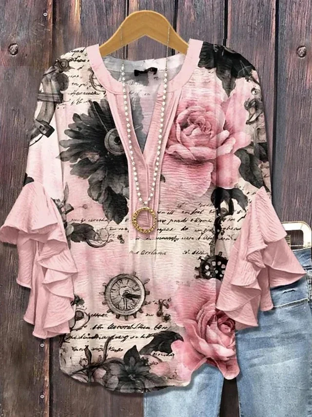 Stylish Women's Ruffle Sleeve Printed Blouse Lightweight Soft Fabric Fashion Shirt For Office And Daily