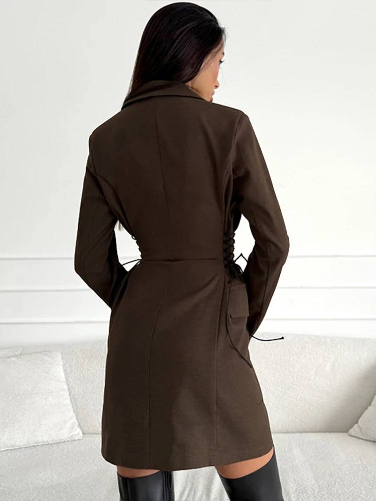 Mumaroho 2024 Winter Autumn Women Chic Office Suit Dress Solid Brown Long Sleeve V-neck Mini Dress Female