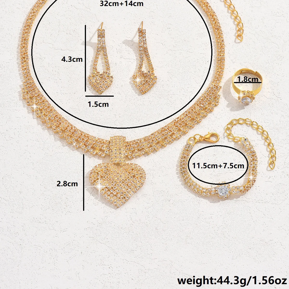 5 قطع أزياء المرأة الخوخ القلب قلادة، أقراط، أساور، خواتم، مجموعة مجوهرات مناسبة لحفلات الزفاف، الحفلات، هدايا المهرجان