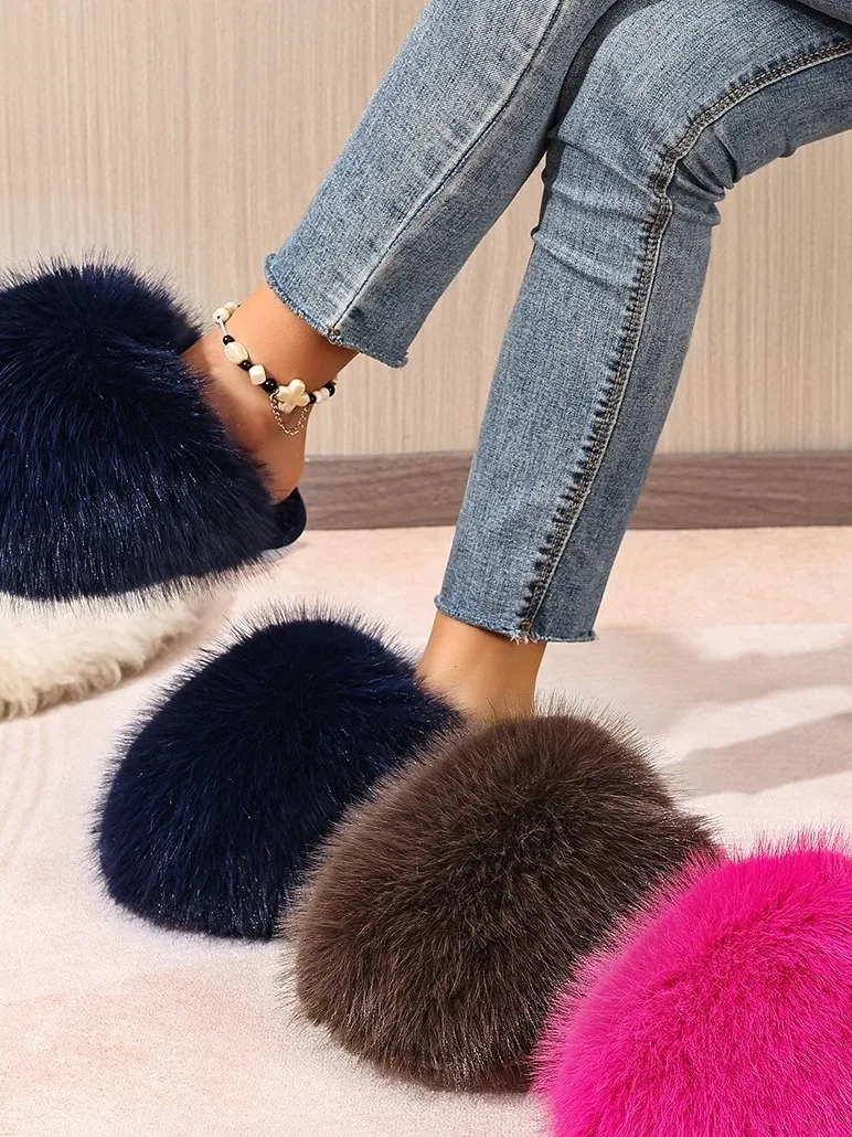 

Faionable Fluffy Slippers Women's Autumn Winter Multicolor Large Size Cotton Slippers Comfortable Home oes Artificial o...