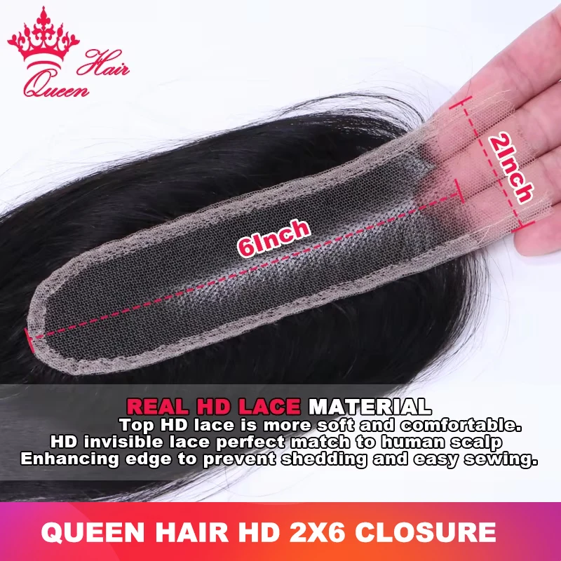 Queen Hair HD 2x6 Lace Closure Deep Part Pre Plucked Small Knots Invisible Melt Skin 100% Human Raw Hair Straight / Body Wave