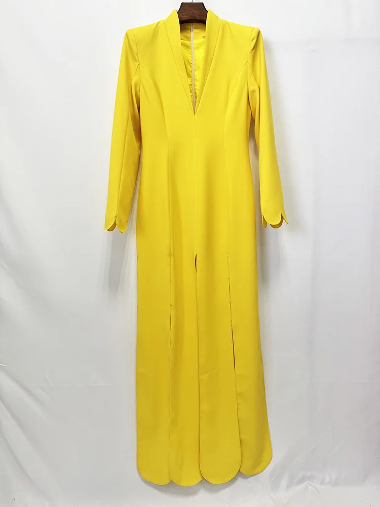 Robe de soirée longue jaune élégante à col en V profond et fente pétales, nouvelle collection 2026, haute qualité, pour femme