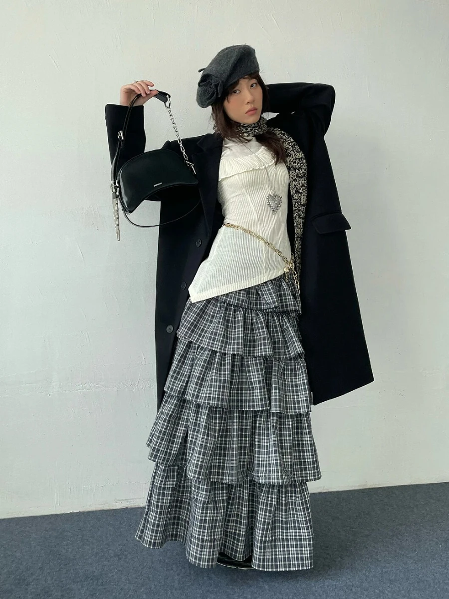 RORORIRI Multi-layered Ruffle Long Plaid Skirt Women Korean Vintage Gray Low Waist Cake Skirt Casual Jk School Y2k Streetwear